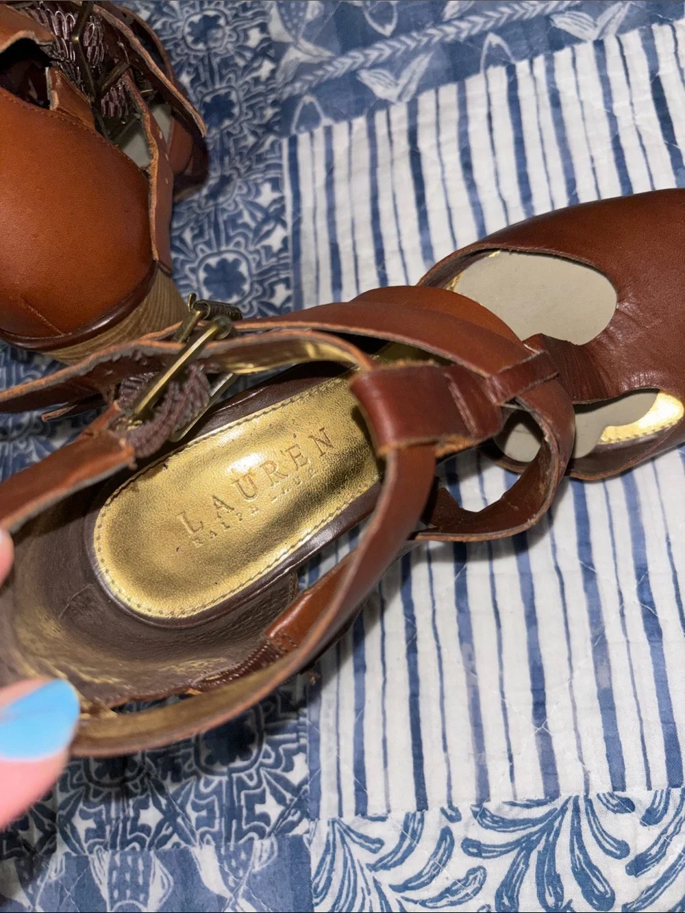 Lauren Ralph Lauren Cognac Leather Strappy Block Heel Sandals